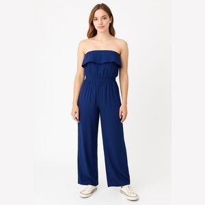 Jay Godfrey Silk Navy Jumpsuit Strapless Sleeveless Wide Leg Navy Long Onepiece